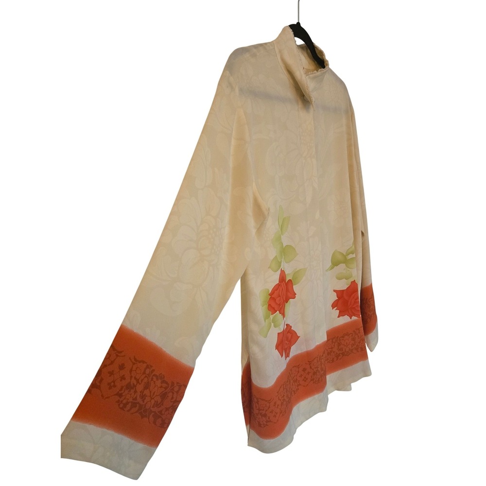 Harari 100% Silk Floral Blouse Hidden Button Cream Orange Size L - Picture 4 of 16